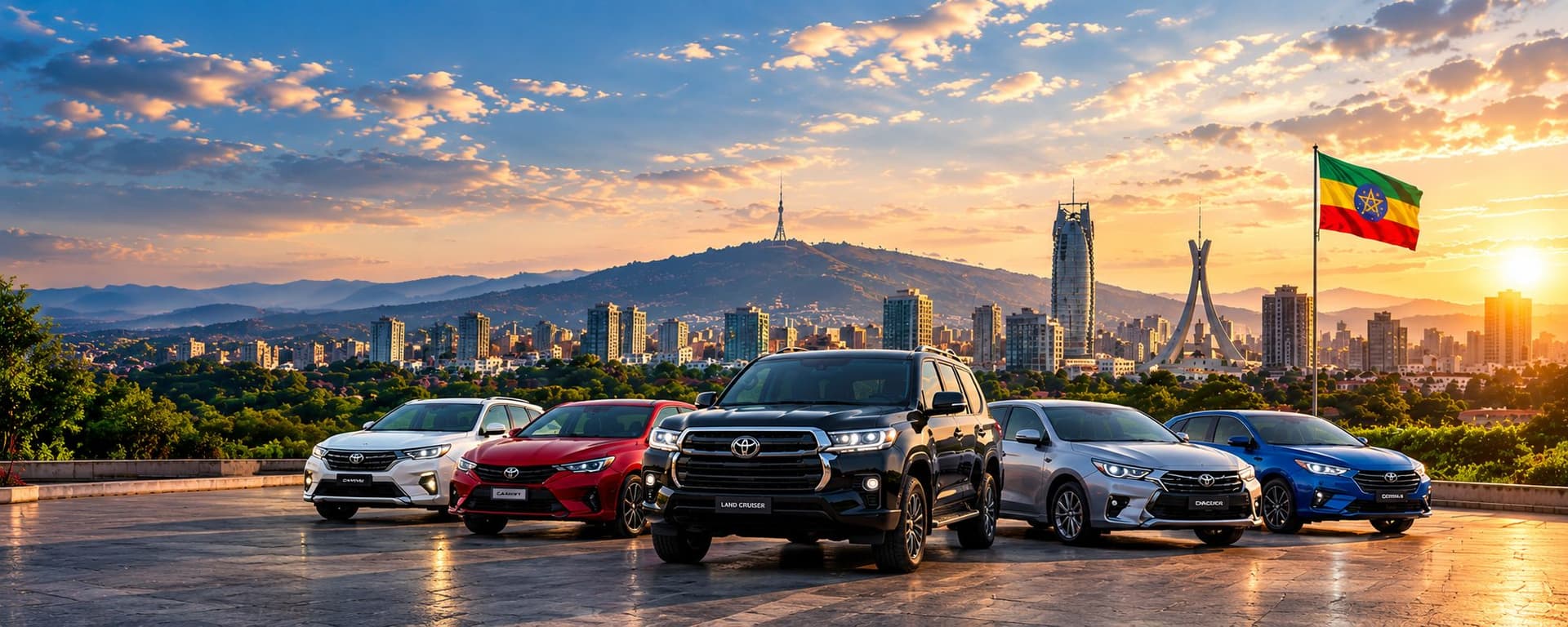 Cars for sale at an EthioDrive dealership, with the Addis Ababa skyline behind